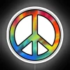 Vibrant rainbow-colored LED tie-dye peace sign in neon glow.