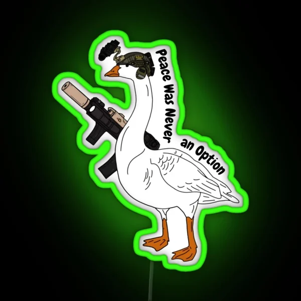 Peace Was Never An Option Led Armed Bird In RGB Neon Sign