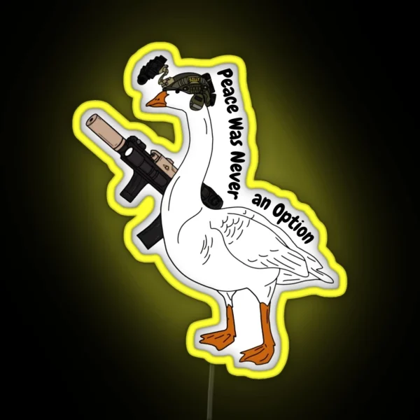 Peace Was Never An Option Led Armed Bird In RGB Neon Sign