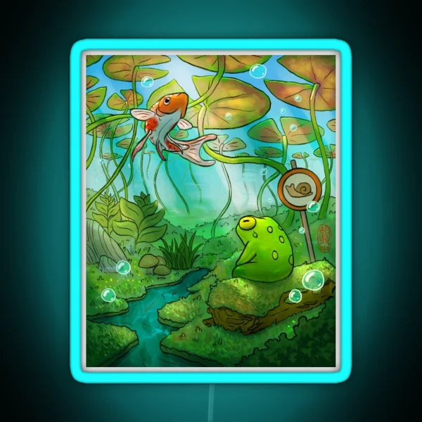 Peaceful Underwater Lilypads With Frog And RGB Neon Sign