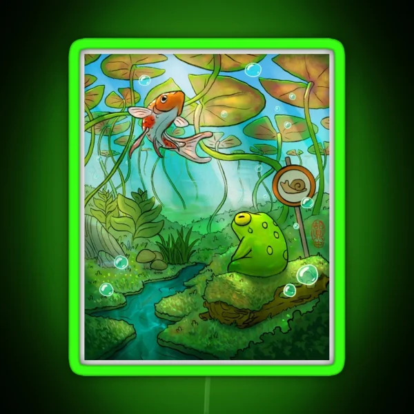 Peaceful Underwater Lilypads With Frog And RGB Neon Sign