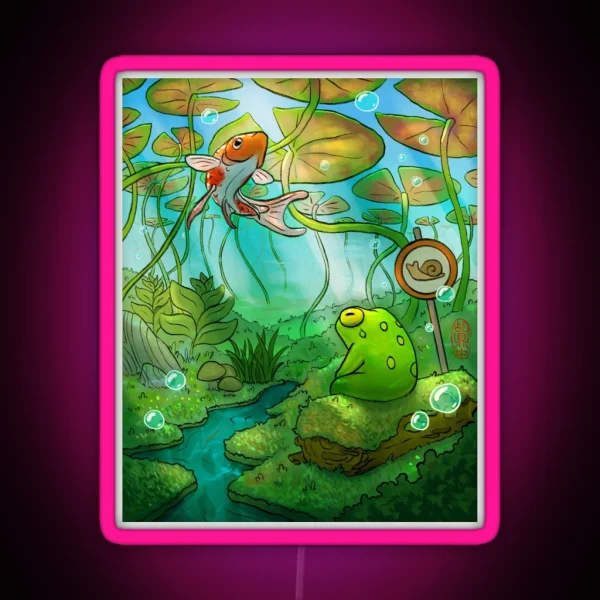 Peaceful Underwater Lilypads With Frog And RGB Neon Sign