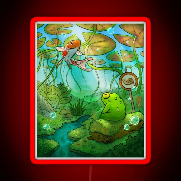 Peaceful Underwater Lilypads With Frog And RGB Neon Sign