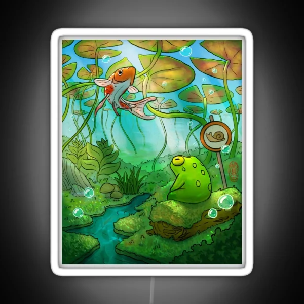 Peaceful Underwater Lilypads With Frog And RGB Neon Sign