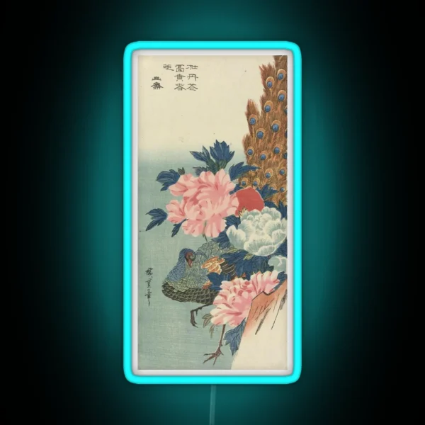 Peacock And Peonies Japanese Woodblock Print RGB Neon Sign