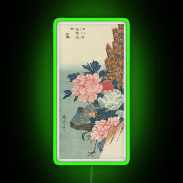 Peacock And Peonies Japanese Woodblock Print RGB Neon Sign