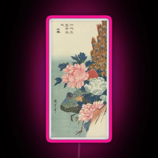 Peacock And Peonies Japanese Woodblock Print RGB Neon Sign