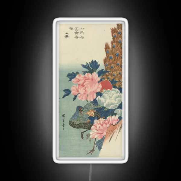 Peacock And Peonies Japanese Woodblock Print RGB Neon Sign