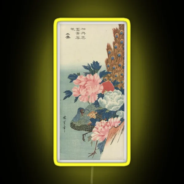 Peacock And Peonies Japanese Woodblock Print RGB Neon Sign