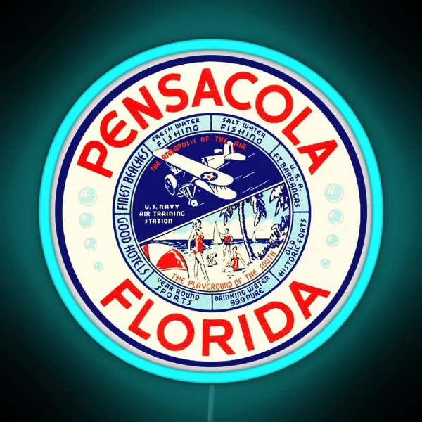 Pensacola Florida Vintage Travel Beach Fishing Navy Airplane Led RGB Neon Sign