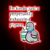 Neon sign featuring perpetually exhausted pigeon with colorful, glowing accents.