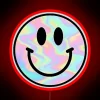 Holographic trippy smiling face in vibrant non-reflective RGB neon glow