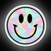 Vibrant neon holographic smiling face wall art decorative glow sign.
