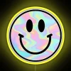 Holographic 3D smiley face neon sign with vibrant colorful glowing letters