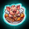 Colorful neon sign featuring pig, chicken, and waffle motif