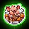 Farmhouse fun neon sign with pig eating chicken and waffles