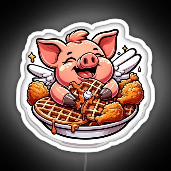 Pig Eating Chicken And Waffles RGB Neon Sign