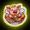 Vibrant LED sign featuring pig eating chicken and waffles design