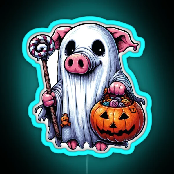 Pig Scary Halloween Ghost Spooky Pumpkin Candy RGB Neon Sign