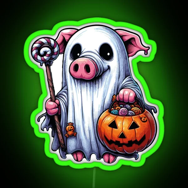 Pig Scary Halloween Ghost Spooky Pumpkin Candy RGB Neon Sign