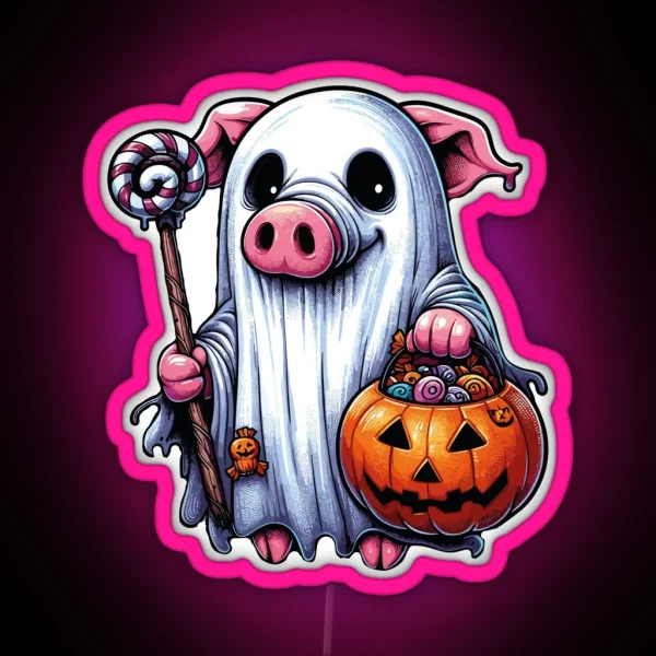 Pig Scary Halloween Ghost Spooky Pumpkin Candy RGB Neon Sign