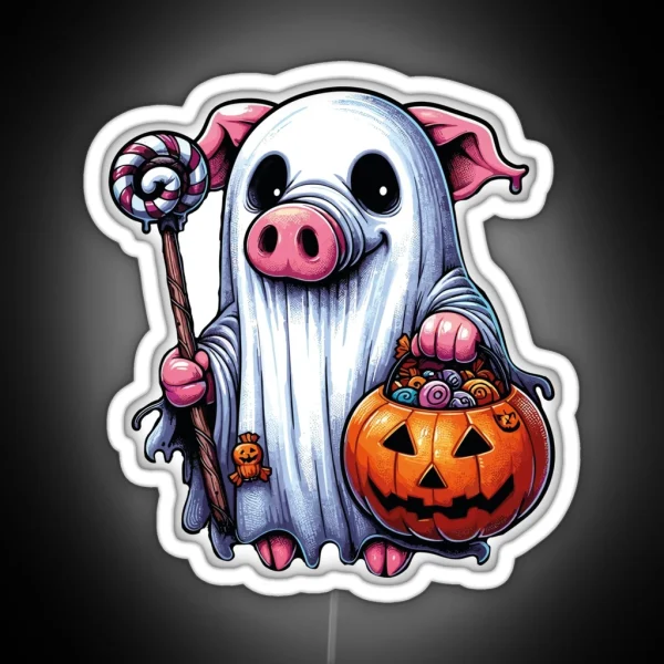 Pig Scary Halloween Ghost Spooky Pumpkin Candy RGB Neon Sign