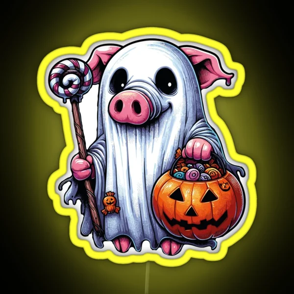 Pig Scary Halloween Ghost Spooky Pumpkin Candy RGB Neon Sign