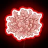 Vibrant pink neon chrysanthemum flower wall decoration in colorful lighting.