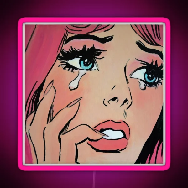 Pink Pop Art Crying Comic Girl Grief RGB Neon Sign