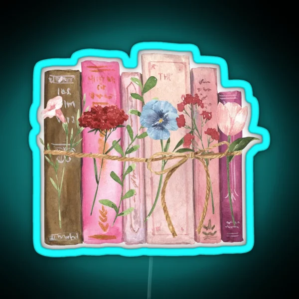 Pink Purple Flowers And Books Watercolor RGB Neon Sign