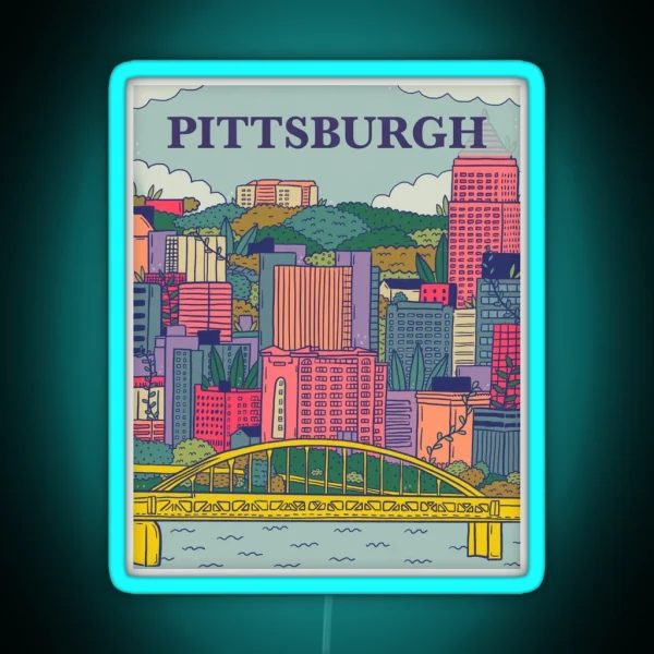 Pittsburgh Illustration City Of Pittsburgh PA Drawing RGB Neon Sign