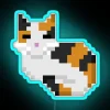 Vibrant calico cat pixel art neon sign with colorful LED accents.