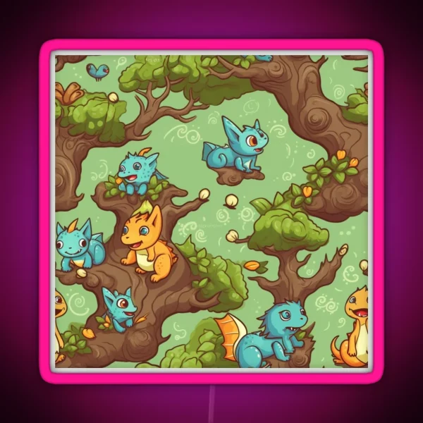Playful Baby Dragon Pattern RGB Neon Sign