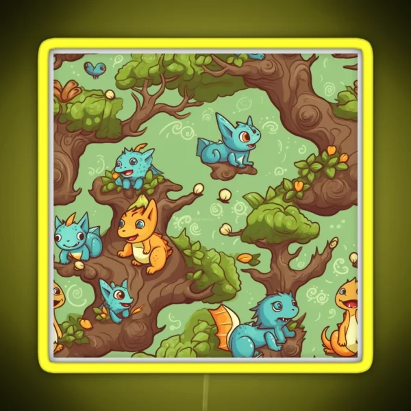 Playful Baby Dragon Pattern RGB Neon Sign