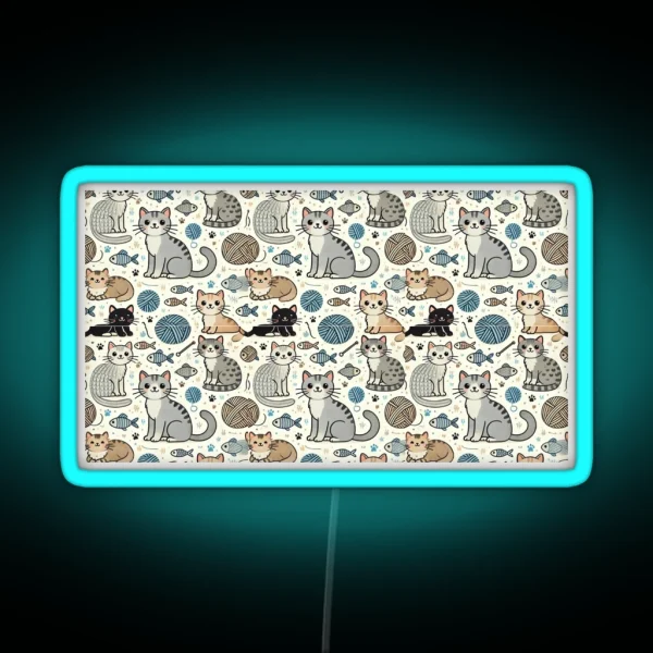 Playful Cats Seamless Pattern RGB Neon Sign