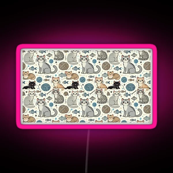 Playful Cats Seamless Pattern RGB Neon Sign
