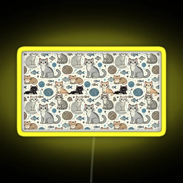 Playful Cats Seamless Pattern RGB Neon Sign