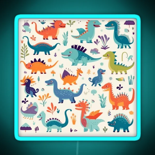 Playful Dinosaur Friends Design A Pattern With Adorable RGB Neon Sign