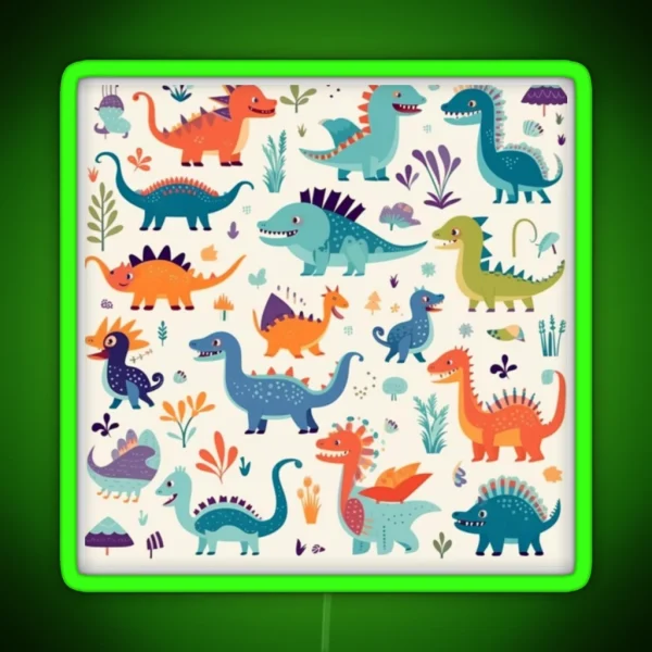 Playful Dinosaur Friends Design A Pattern With Adorable RGB Neon Sign