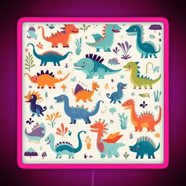 Playful Dinosaur Friends Design A Pattern With Adorable RGB Neon Sign