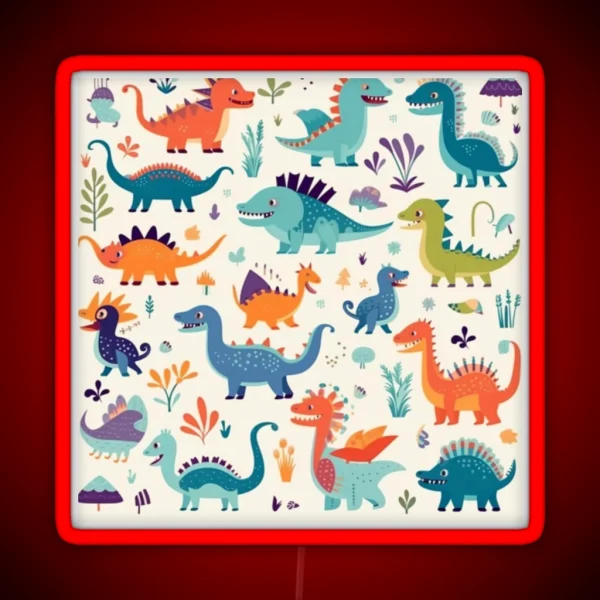 Playful Dinosaur Friends Design A Pattern With Adorable RGB Neon Sign