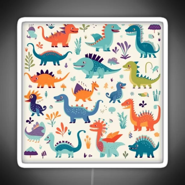Playful Dinosaur Friends Design A Pattern With Adorable RGB Neon Sign