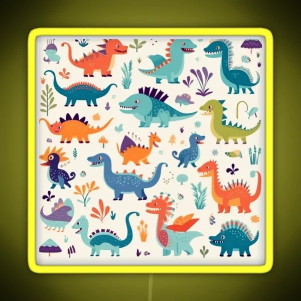 Playful Dinosaur Friends Design A Pattern With Adorable RGB Neon Sign