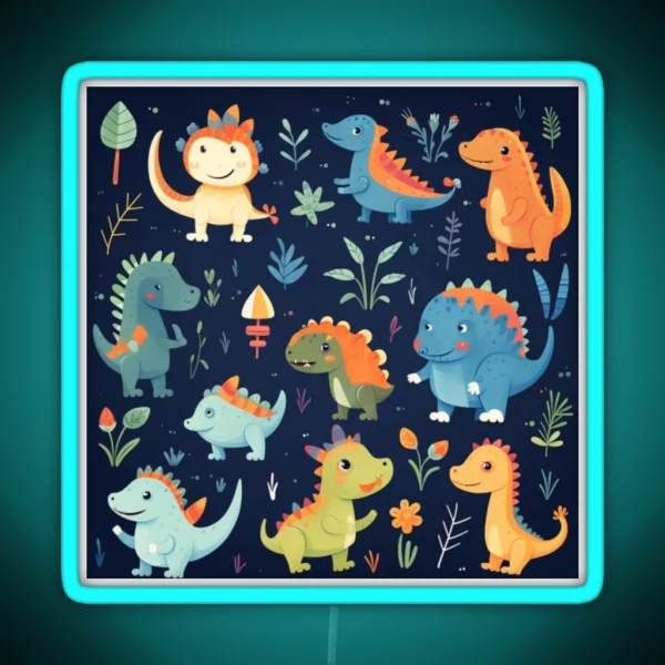 Playful Dinosaur Friends Design A Pattern RGB Neon Sign