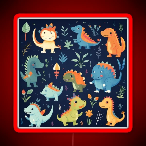Playful Dinosaur Friends Design A Pattern RGB Neon Sign