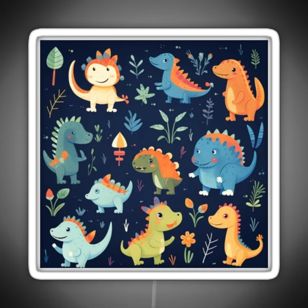 Playful Dinosaur Friends Design A Pattern RGB Neon Sign