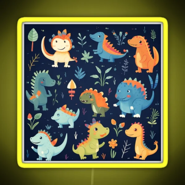 Playful Dinosaur Friends Design A Pattern RGB Neon Sign
