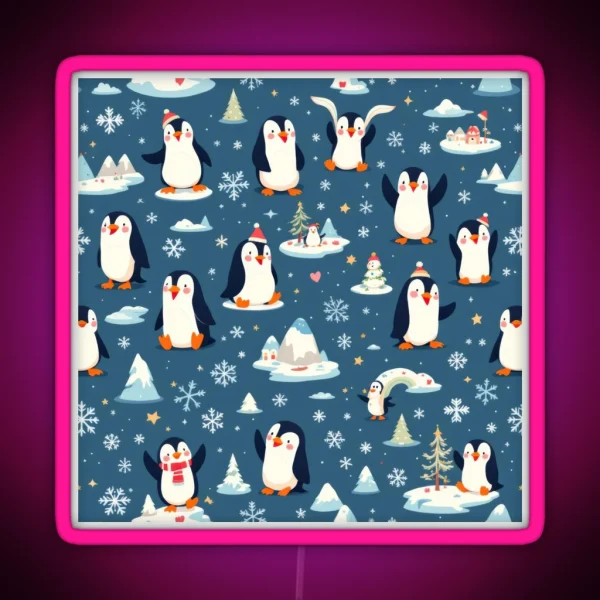 Playful Penguin Pattern RGB Neon Sign