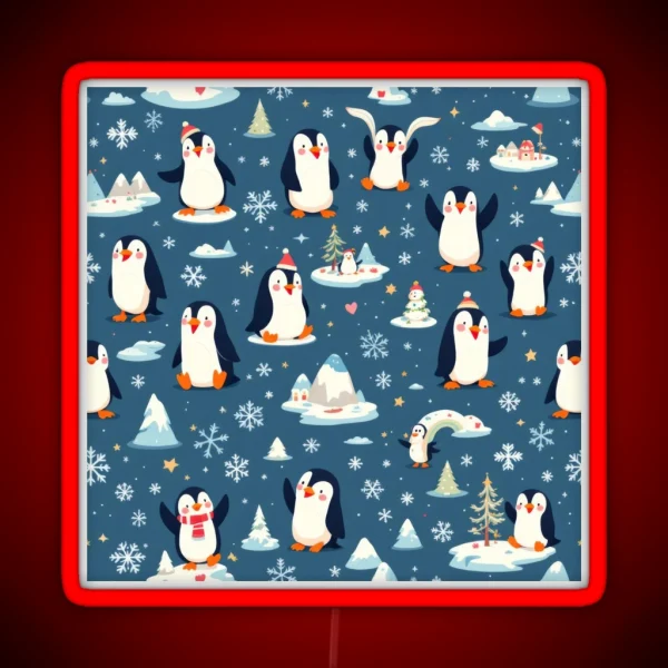 Playful Penguin Pattern RGB Neon Sign