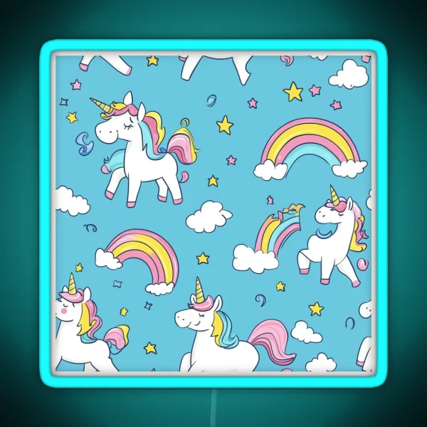 Playful Unicorns Seamless Pattern RGB Neon Sign